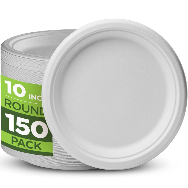 100 Compostable Paper Plates 150 Pack 10 Inch Heavy Duty Biodegradable Microwavable Disposable White Dinner Plates Made of EcoFriendly Natural Sugarcane Bagasse